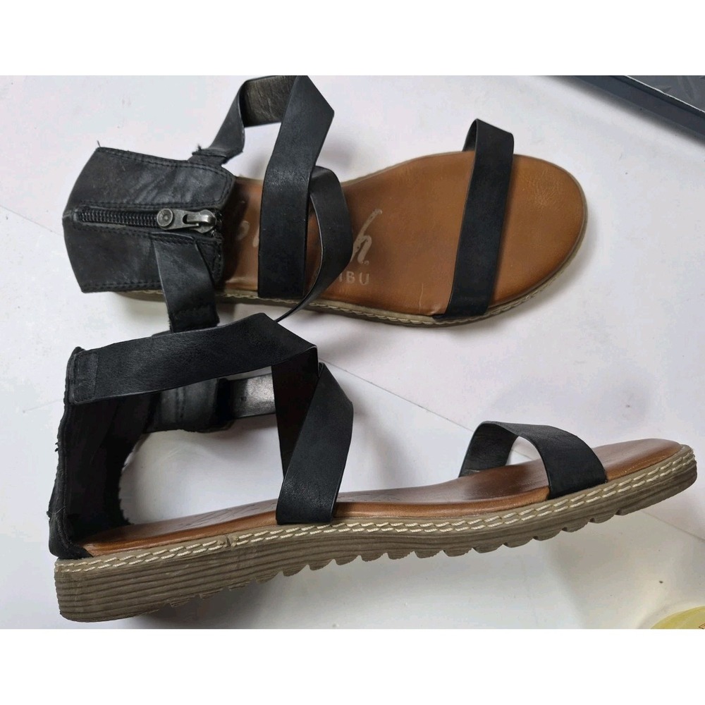 Blowfish Malibu Women's Vegan Leather Black Strappy Boho style Flats Size 8 1/2